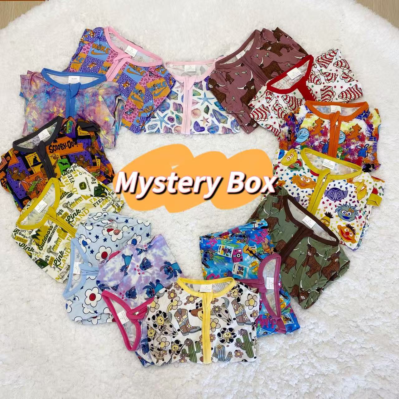 B2B bulk order of RTS bamboo pajama kids mystery box, ideal for private label baby wear collections.